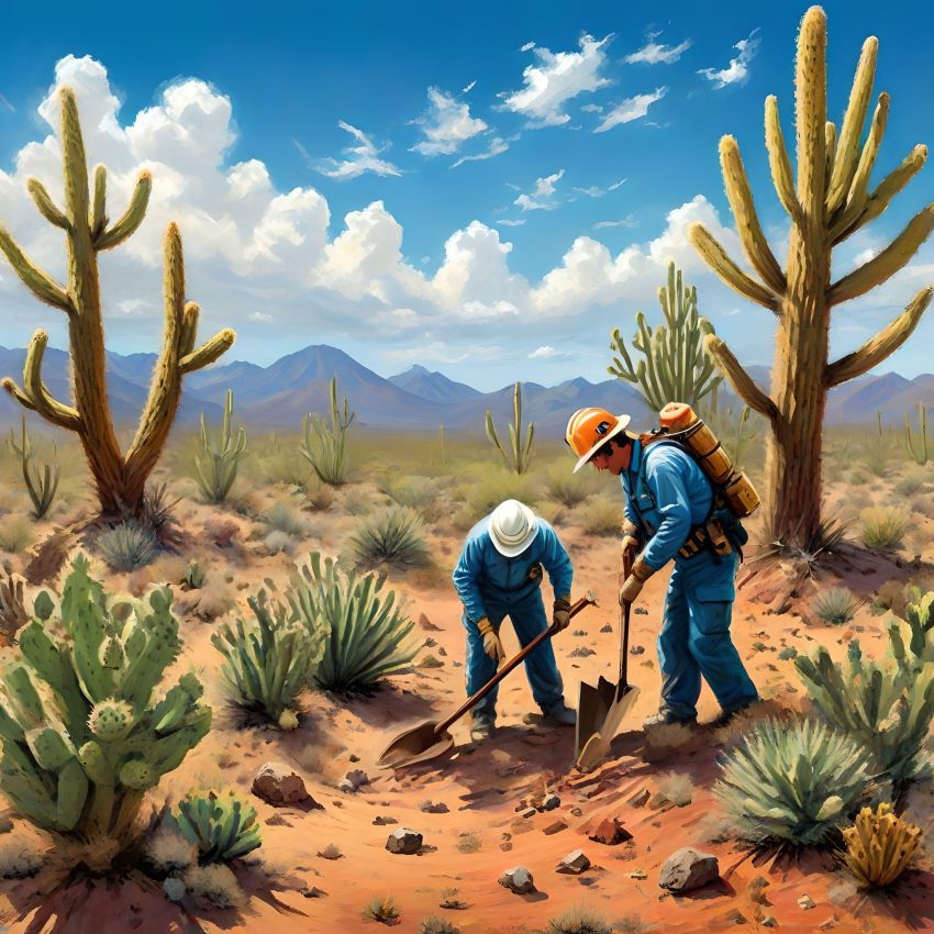 Desert salvage:  two plant rescue workers with shovels, picks and iron digging bars unearth and relocate endangered species.