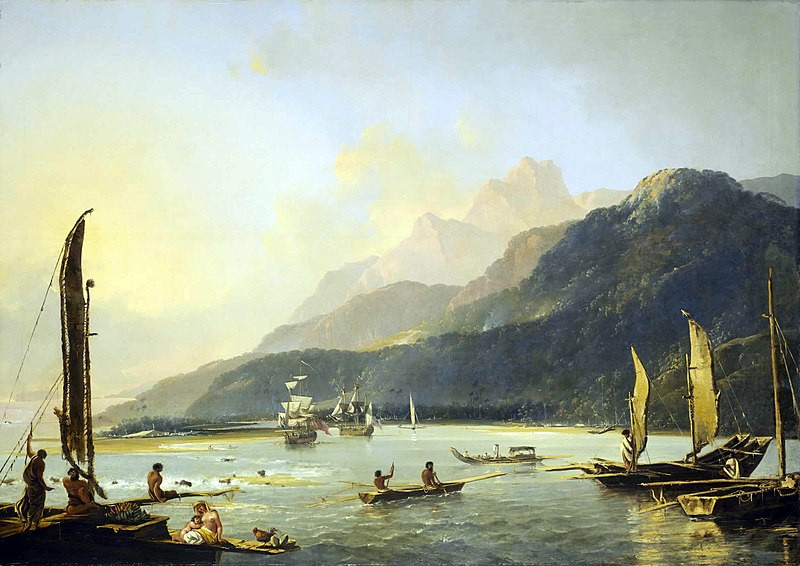 Resolution and Adventure with fishing craft in Matavai Bay by William Hodges, painted 1776, shows the two ships at anchor in Tahiti in August 1773.