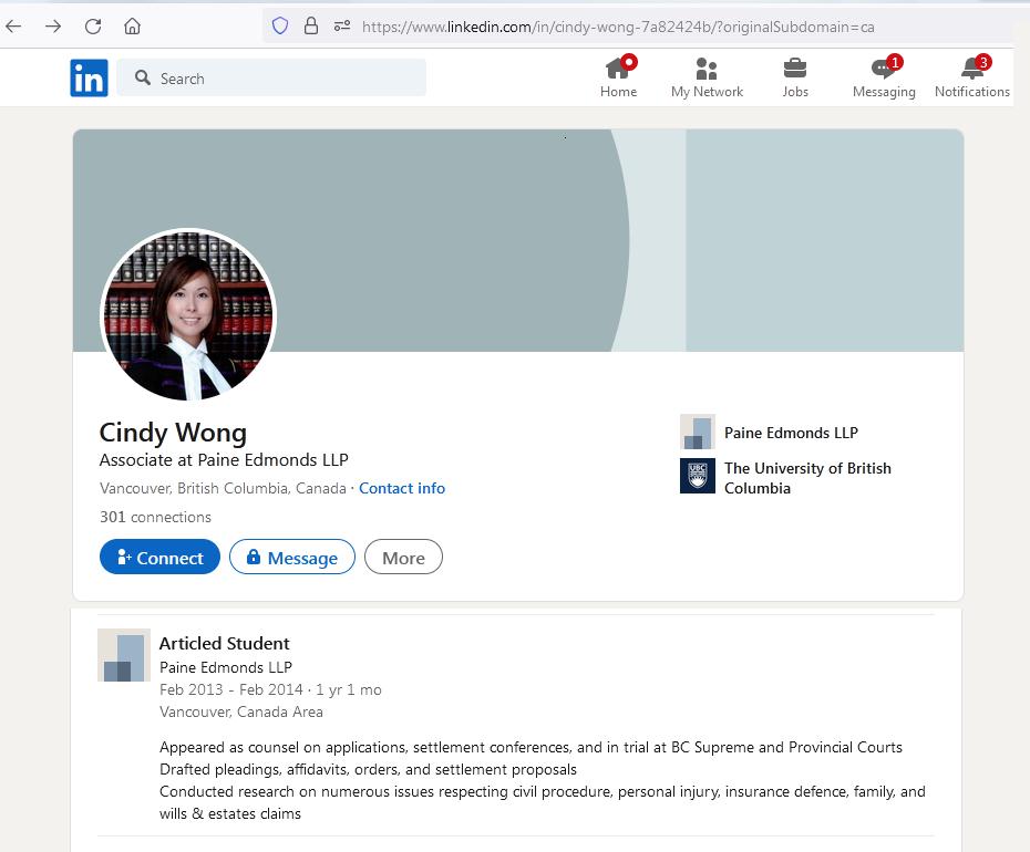 Cindy Wong LinkedIn articled with Paine Edmonds in Estates.